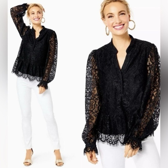 Lilly Pulitzer Tops - Lilly Pulitzer Jacelynne Black Lace Peplum Top Size Small Long Sleeve Blouse